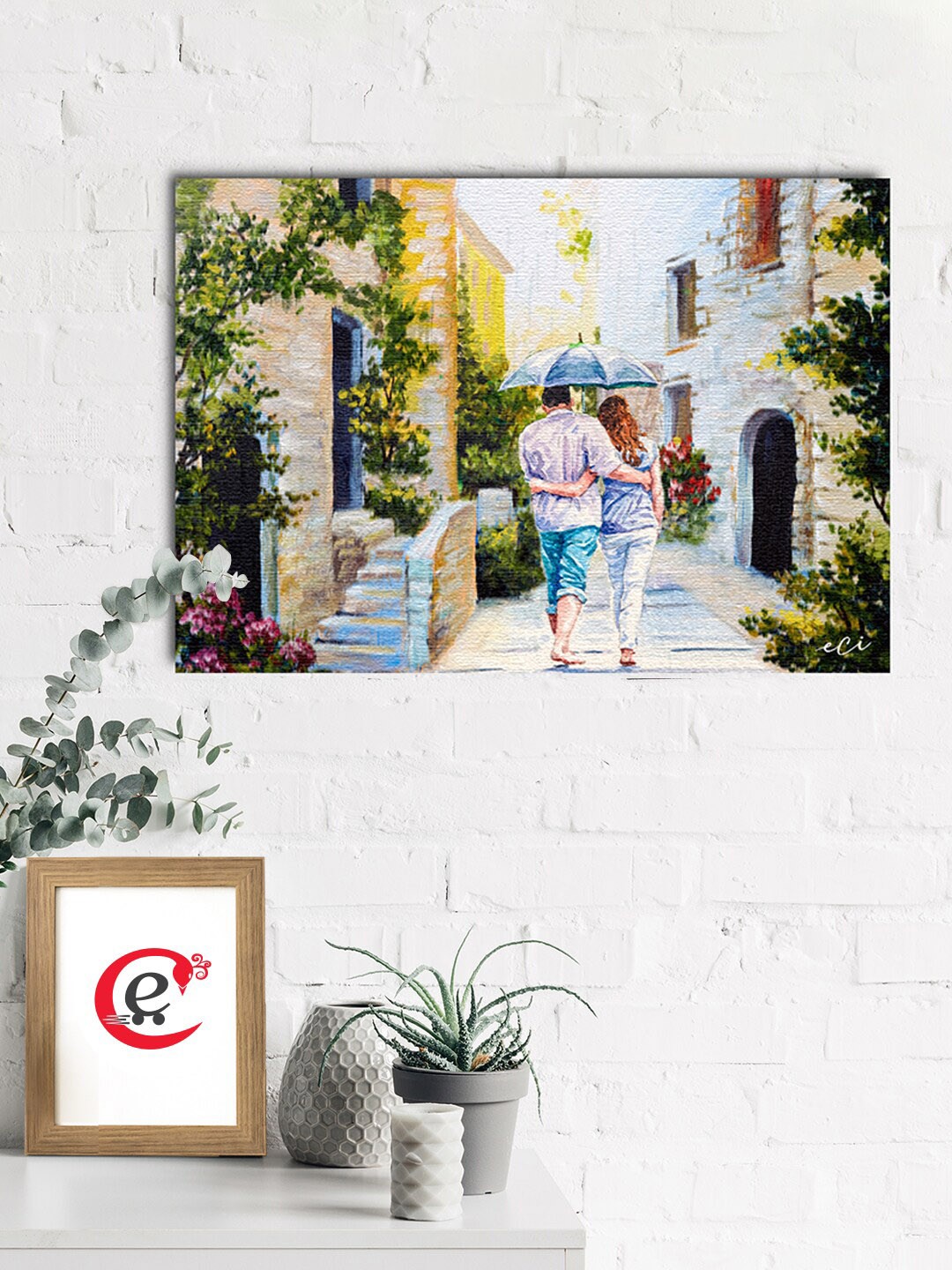 

eCraftIndia White & Green Romantic Couple on a Rainy Day Wall Painting