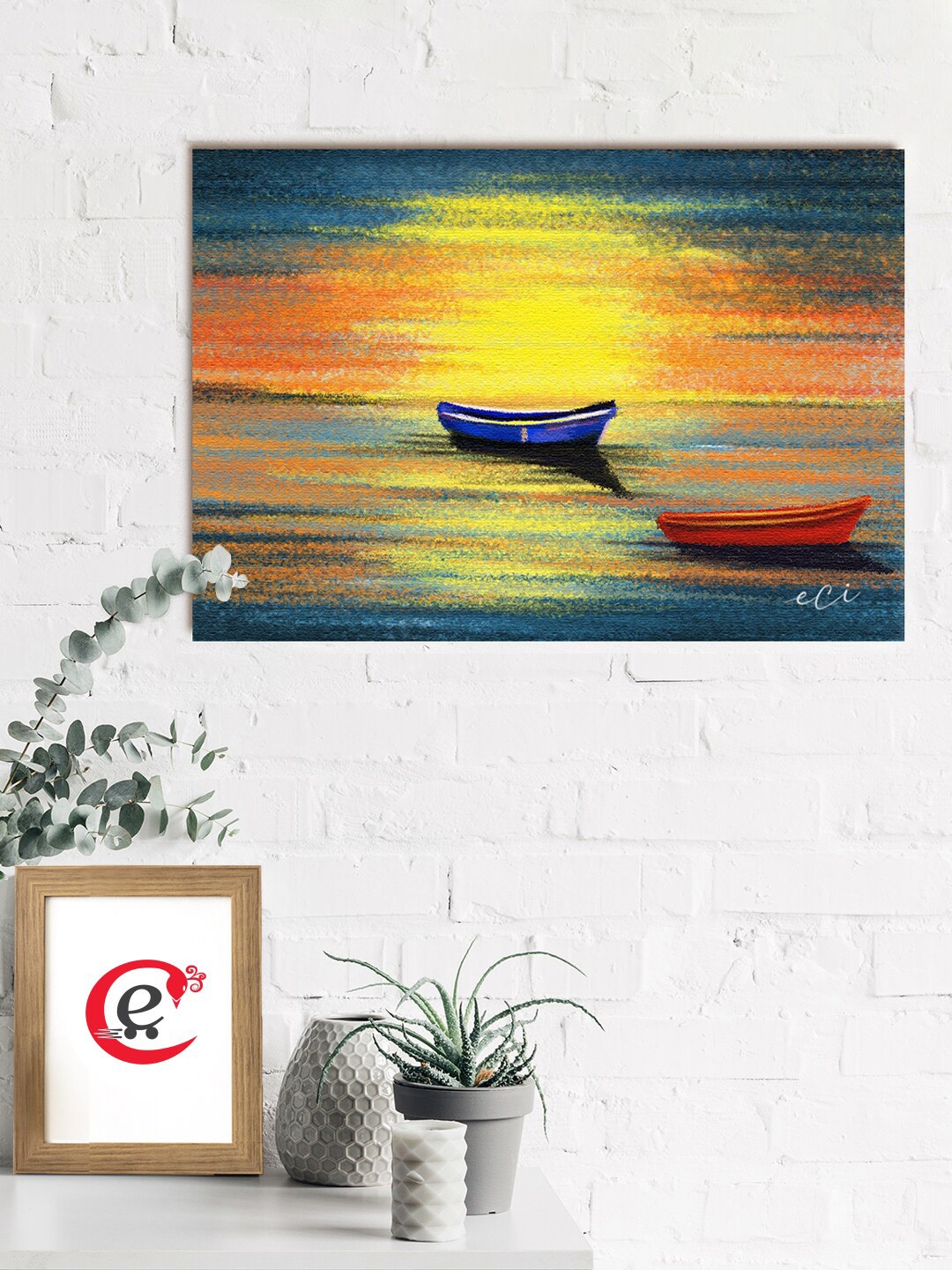 

eCraftIndia Yellow & Blue Beach Sunset With Boat Original Design Printed Canvas Wall Art
