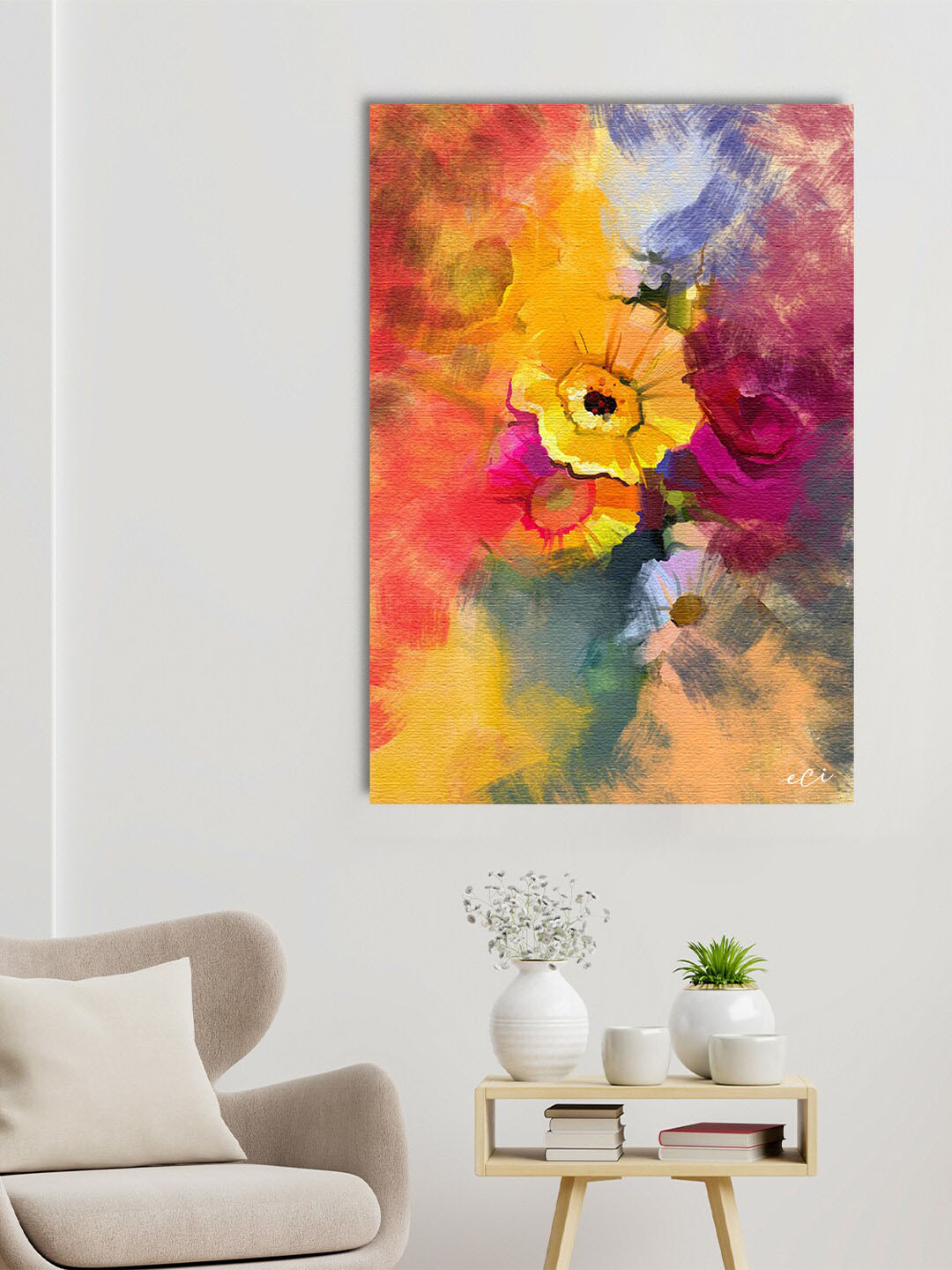 

eCraftIndia Yellow & Pink Abstract Flowers Design Wall Painting