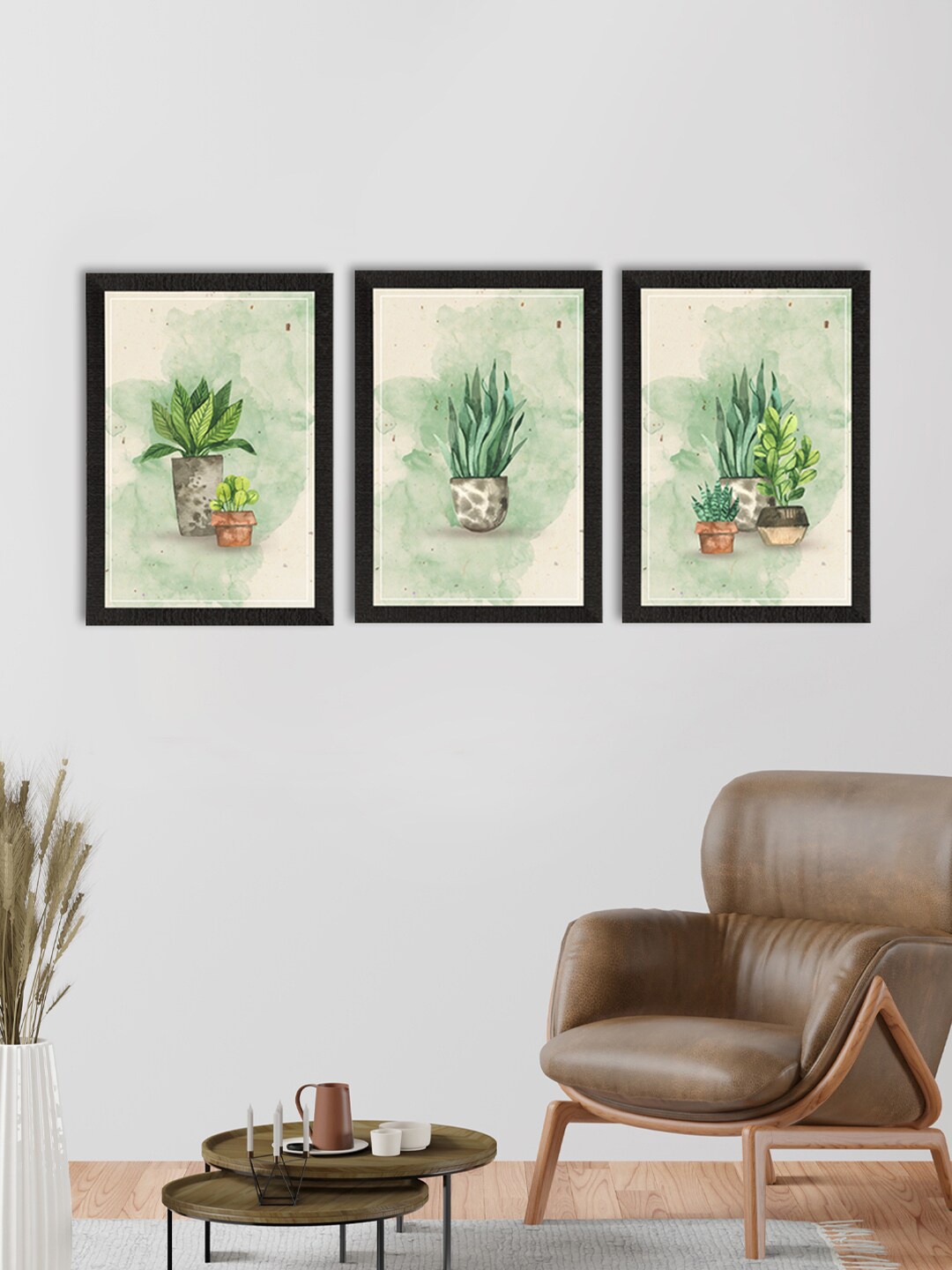 

eCraftIndia Set Of 3 Watercolour Flower Pot Satin Matt Texture UV Framed Wall Arts, Green