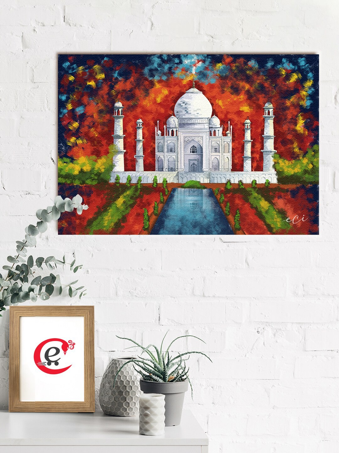 

eCraftIndia White & Red Taj Mahal Scenery Printed Canvas Wall Art