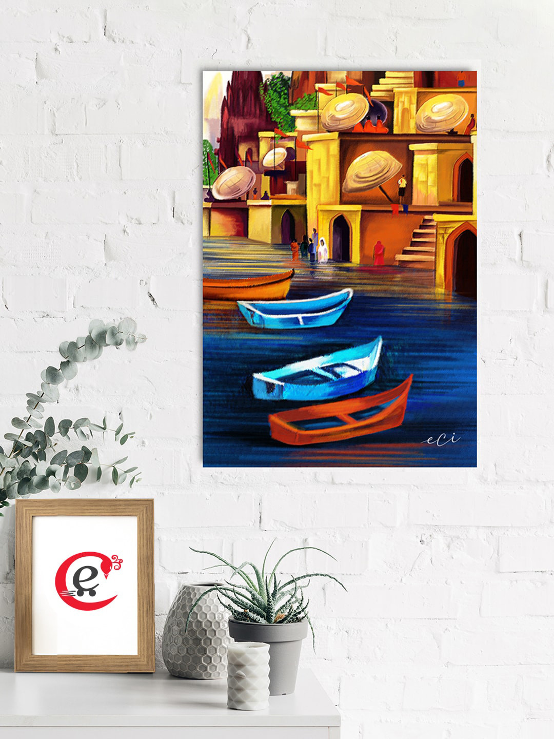 

eCraftIndia Blue & Brown Boats Parked at Banaras Ghat Original Design Canvas Printed Wall Painting