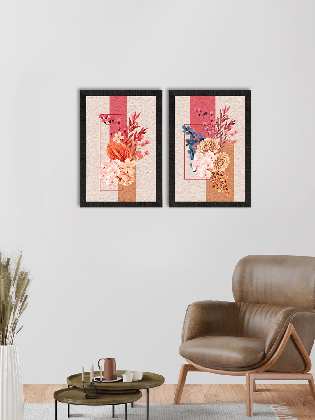 

eCraftIndia Set Of 2 Pink & Orange Bunch of Flower Abstract Background Printed Satin Matte Texture UV Art Paintings