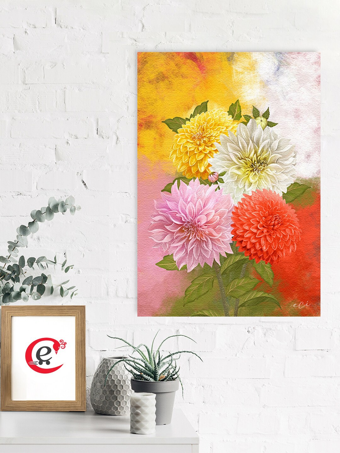

eCraftIndia Yellow & White Dahlia Flowers Bouquet Wall Painting