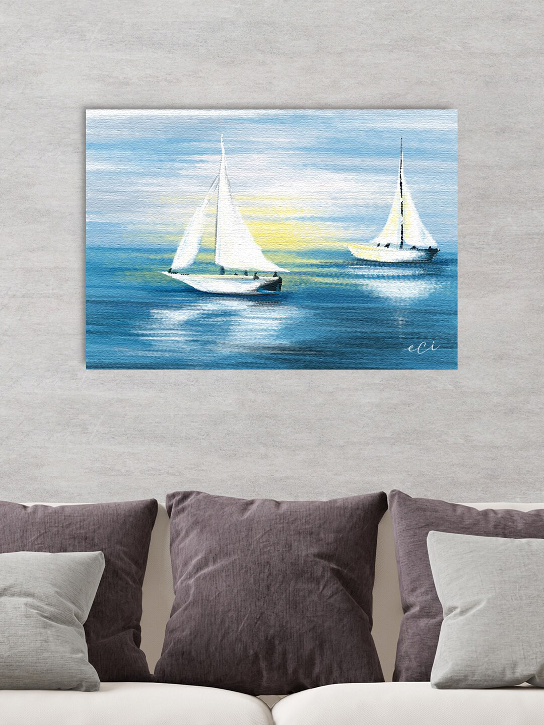 

eCraftIndia Blue White & Yellow Beautiful Beach Design Canvas Printed Wall Painting