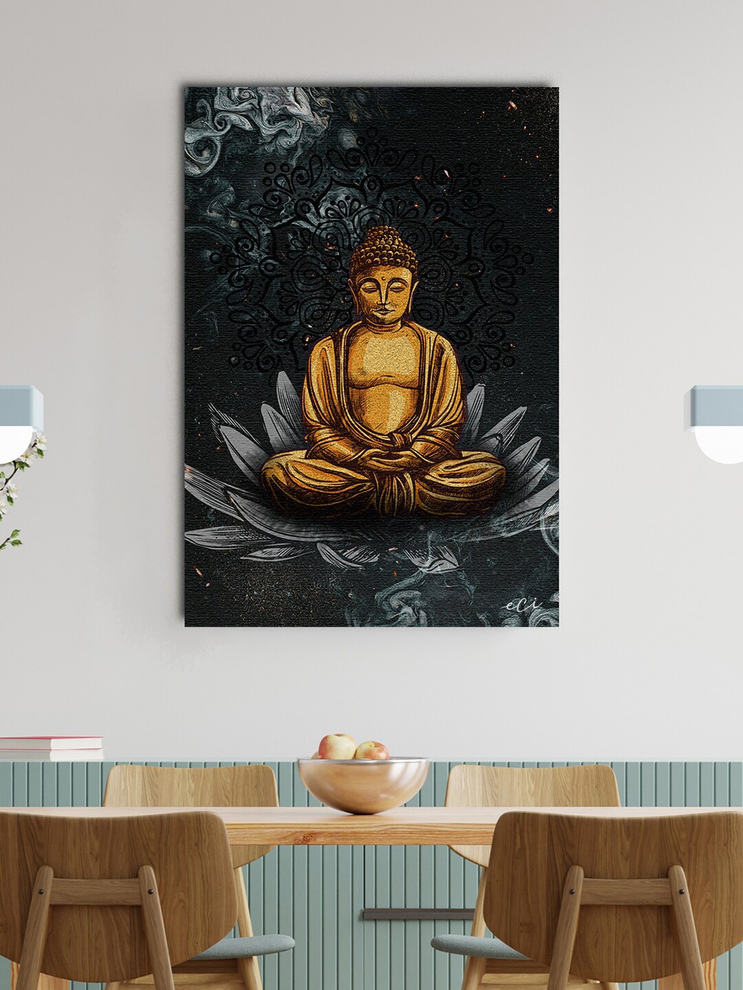 

eCraftIndia Black & Gold-Coloured Meditating Gautam Buddha on Lotus Original Design Canvas Printed Wall Art