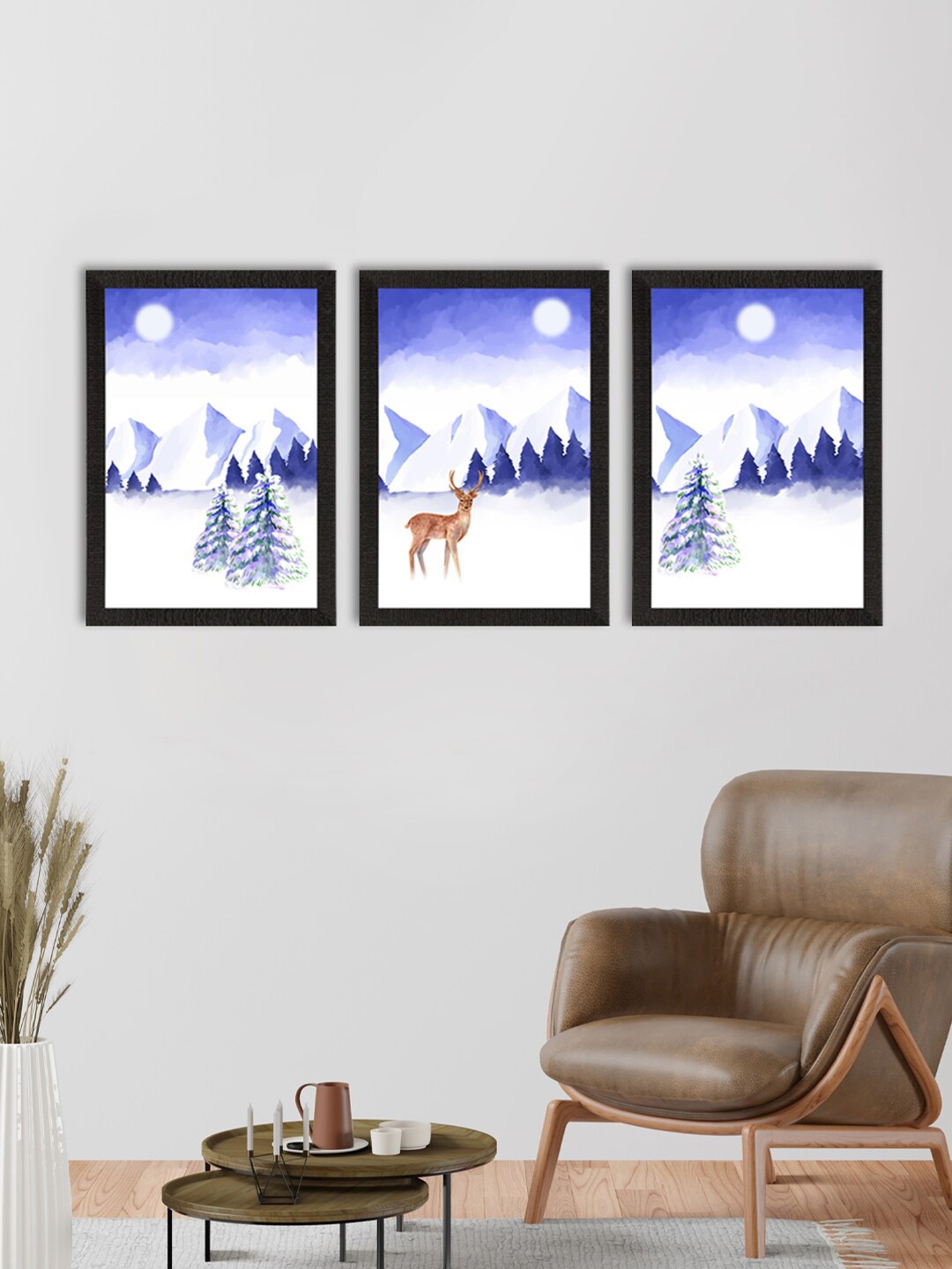 

eCraftIndia Set of 3 Blue & White Winter Night Printed Satin Matte Texture UV Art Paintings