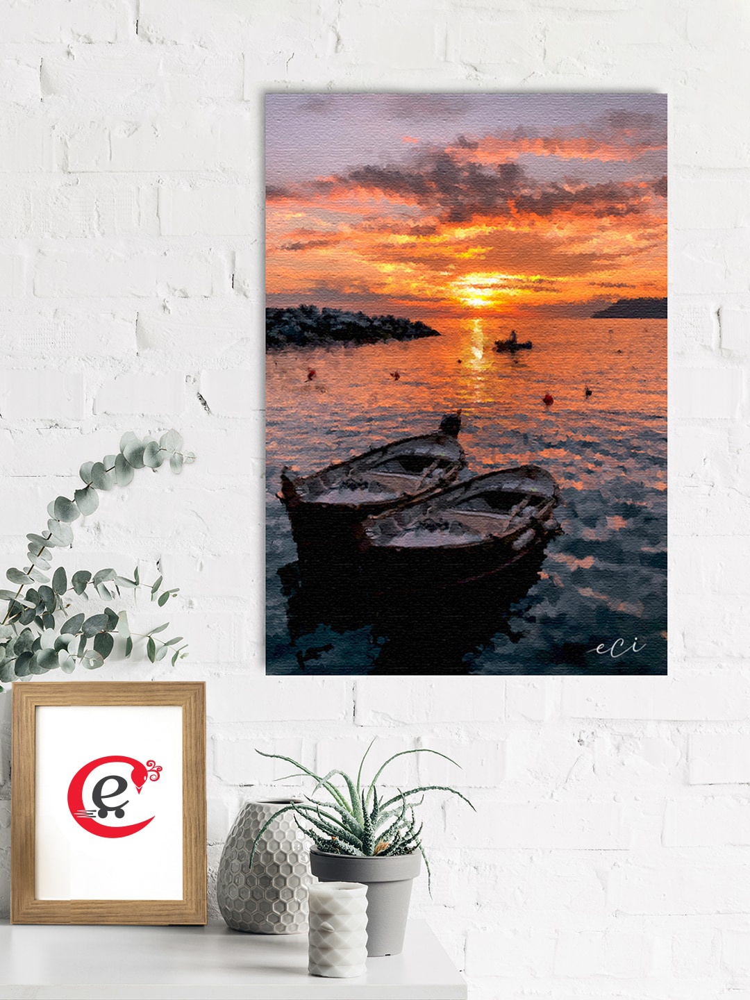 

eCraftIndia Orange & Purple Printed Beautiful Sunset Beach Canvas Wall Art