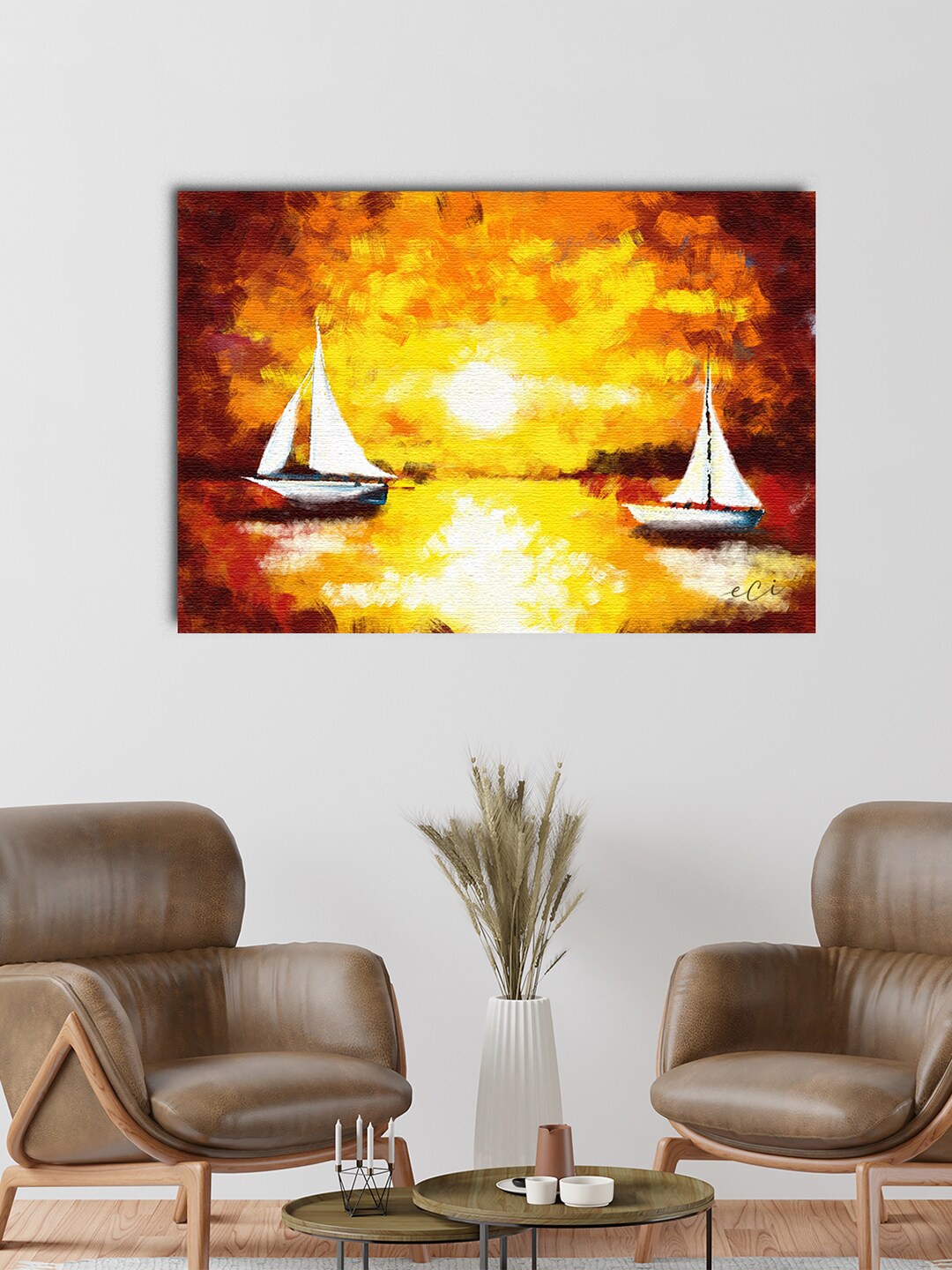 

eCraftIndia Yellow & Brown Sailing Ship Floating On the Beach Wall Painting