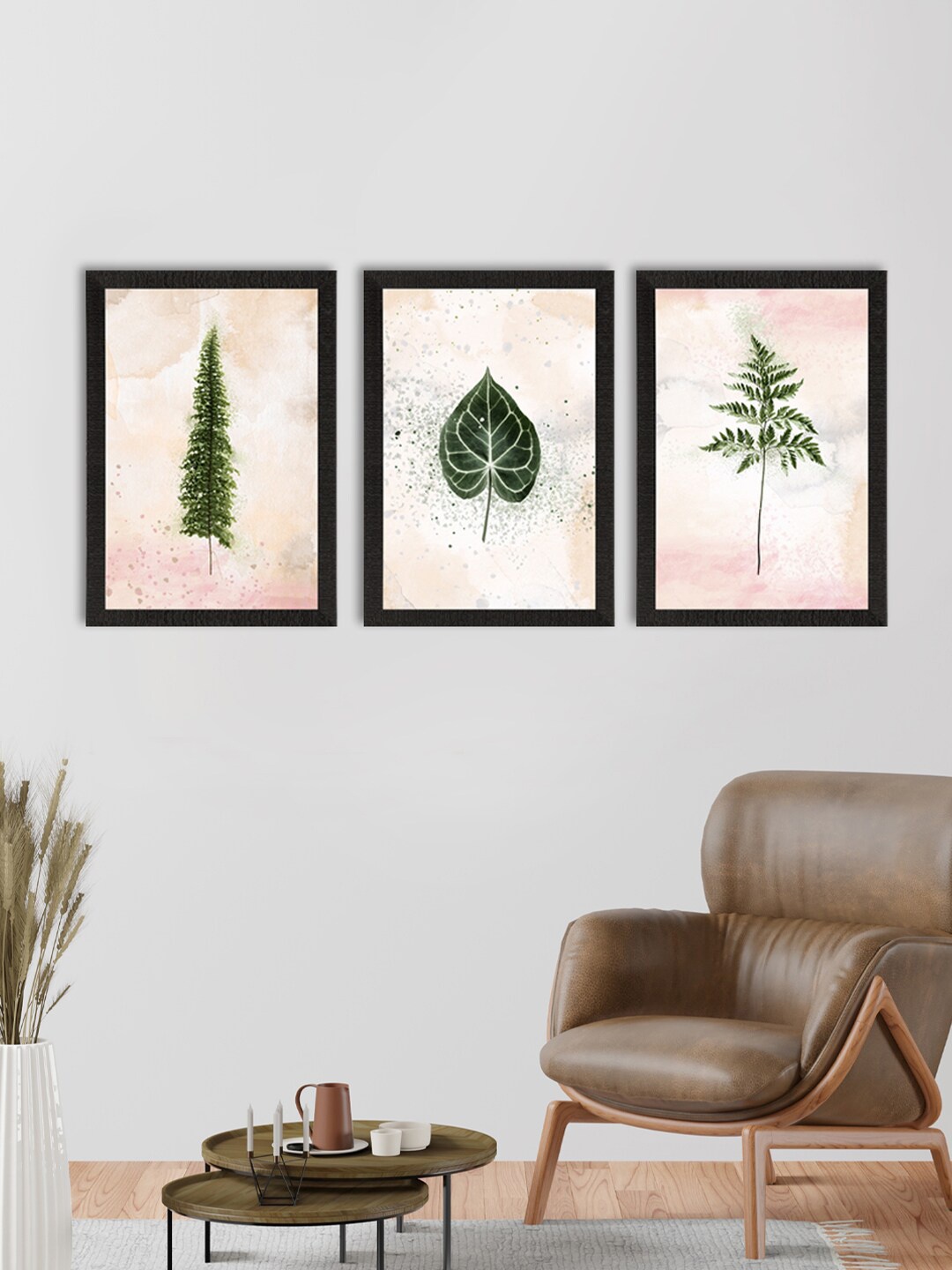 

eCraftIndia Set Of 3 Peach-Coloured & Green Printed Watercolour Leaf UV Art Painting