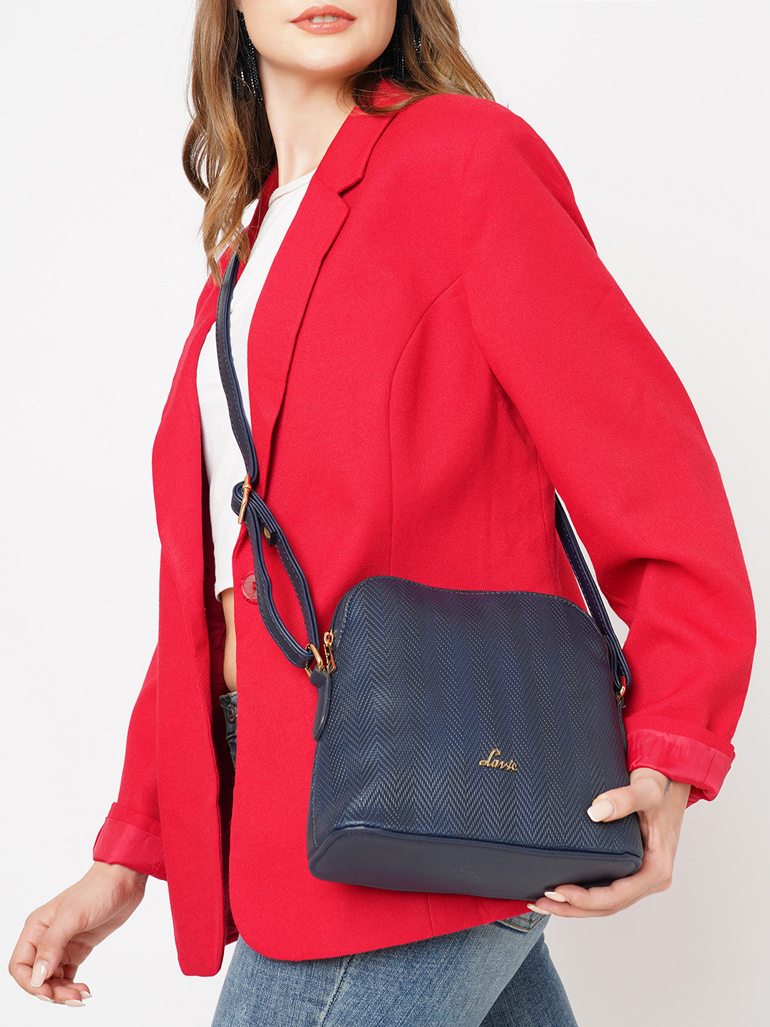 

Lavie Navy Blue Textured PU Regular Structured Sling Bag with Embroidery