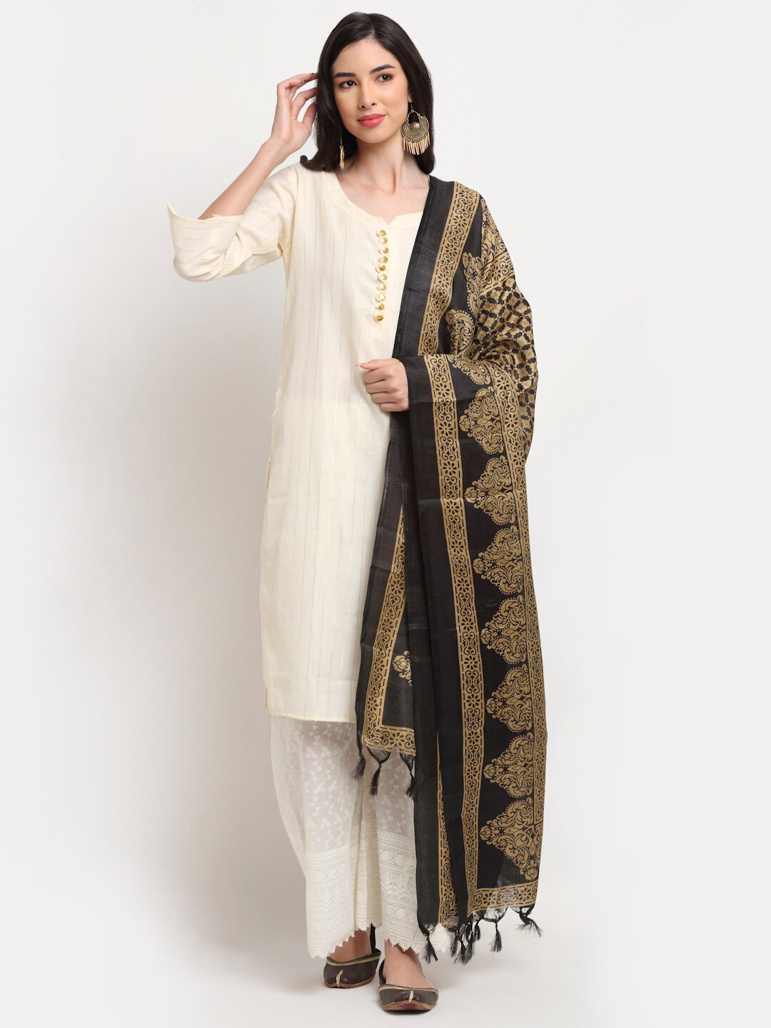 

TAG 7 Beige & Black Ethnic Motifs Printed Cotton Silk Dupatta