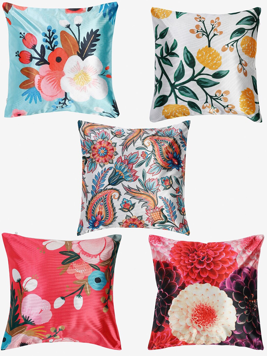 

TAG 7 Set of 5 Multicolor Floral Printed Square Cushion Covers, White