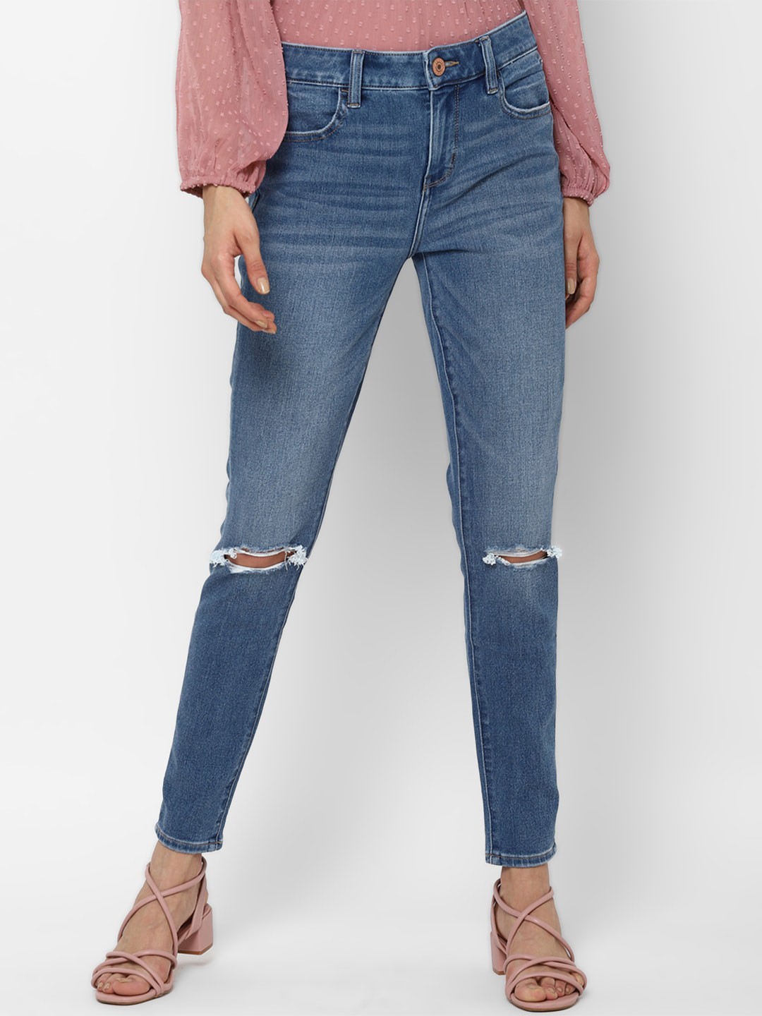 

AMERICAN EAGLE OUTFITTERS Women Blue Slim Fit High-Rise Slash Knee Light Fade Jeans