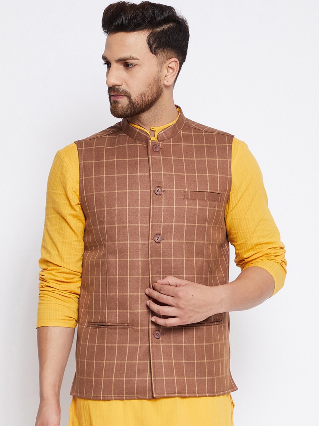 

even Men Brown & Beige Checked Woven Nehru Jacket