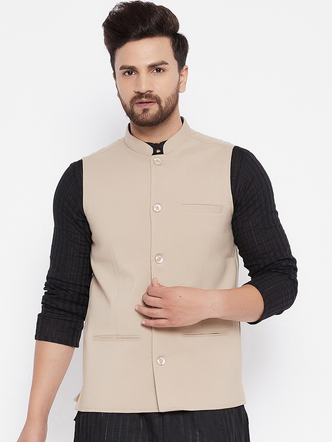 

even Men Beige Solid Woven Nehru Jacket