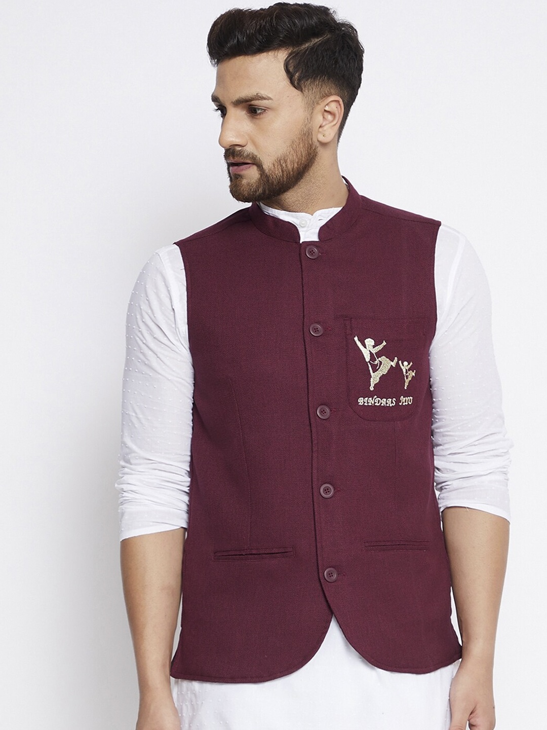 

even Men Maroon Solid Woven Nehru Jacket