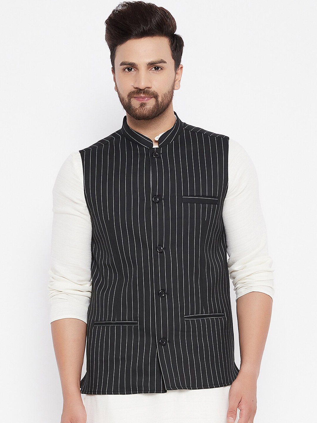 

even Men Black & Grey Striped Woven Nehru Jacket