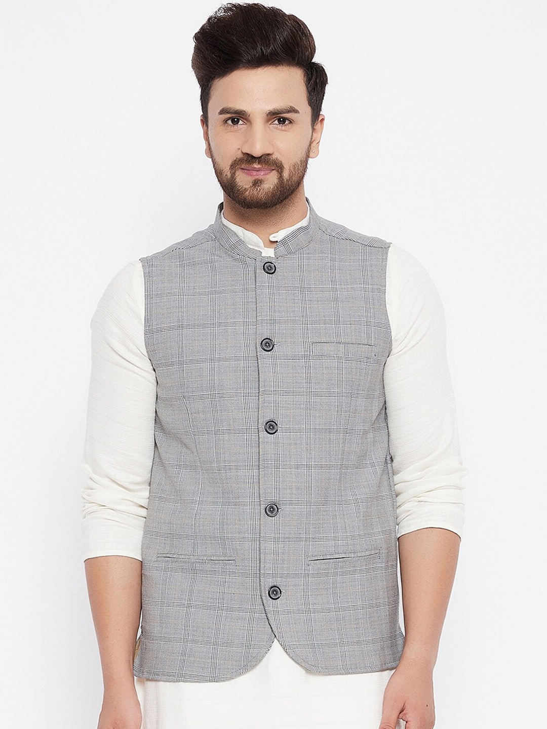 

Even Men Grey & Black Checked Woven Nehru Jacket