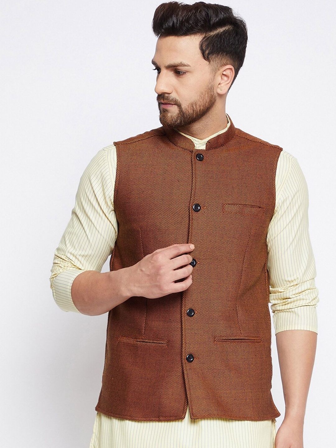 

even Men Brown Woven Design Nehru Jacket