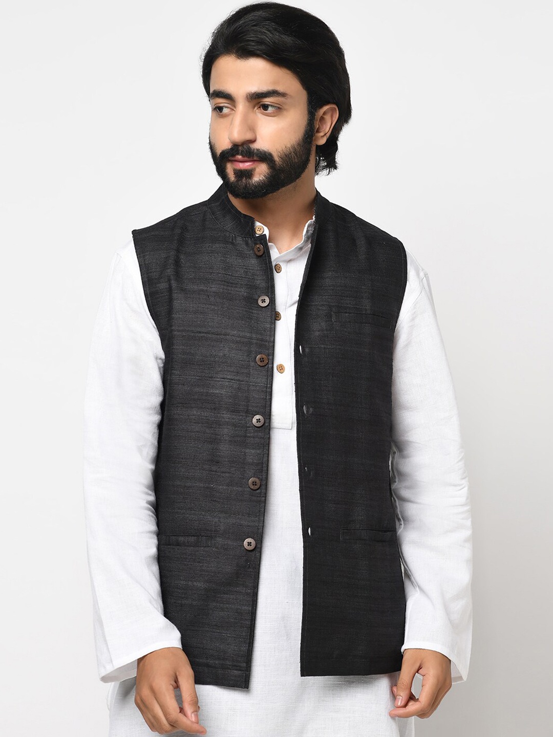 

Fabindia Men Black Solid Nehru Jacket