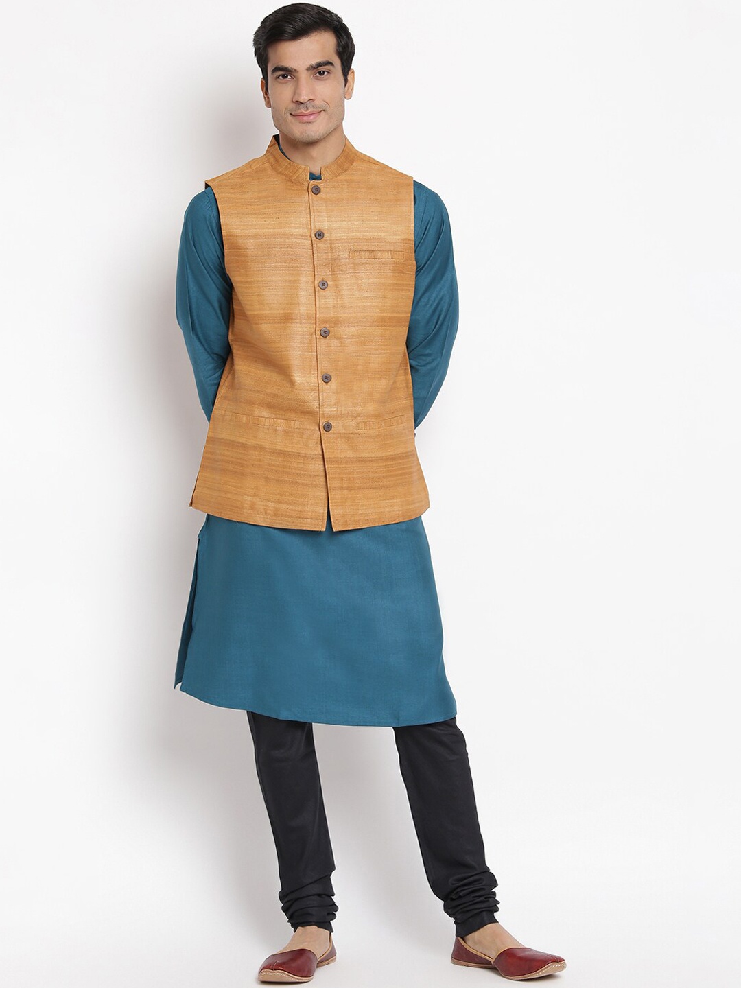 

Fabindia Men Yellow Slim Fit Pure Silk Nehru Jacket