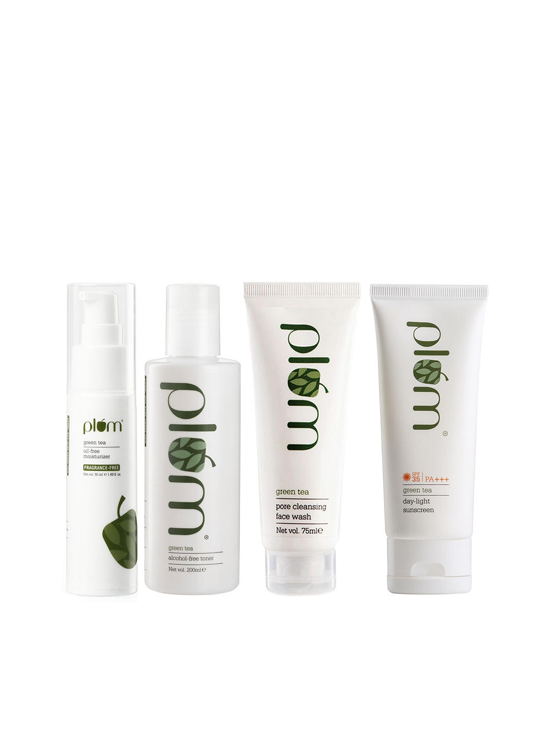 

Plum Set of Green Tea Infused Toner - Face Wash - Sunscreen & Moisturizer, White