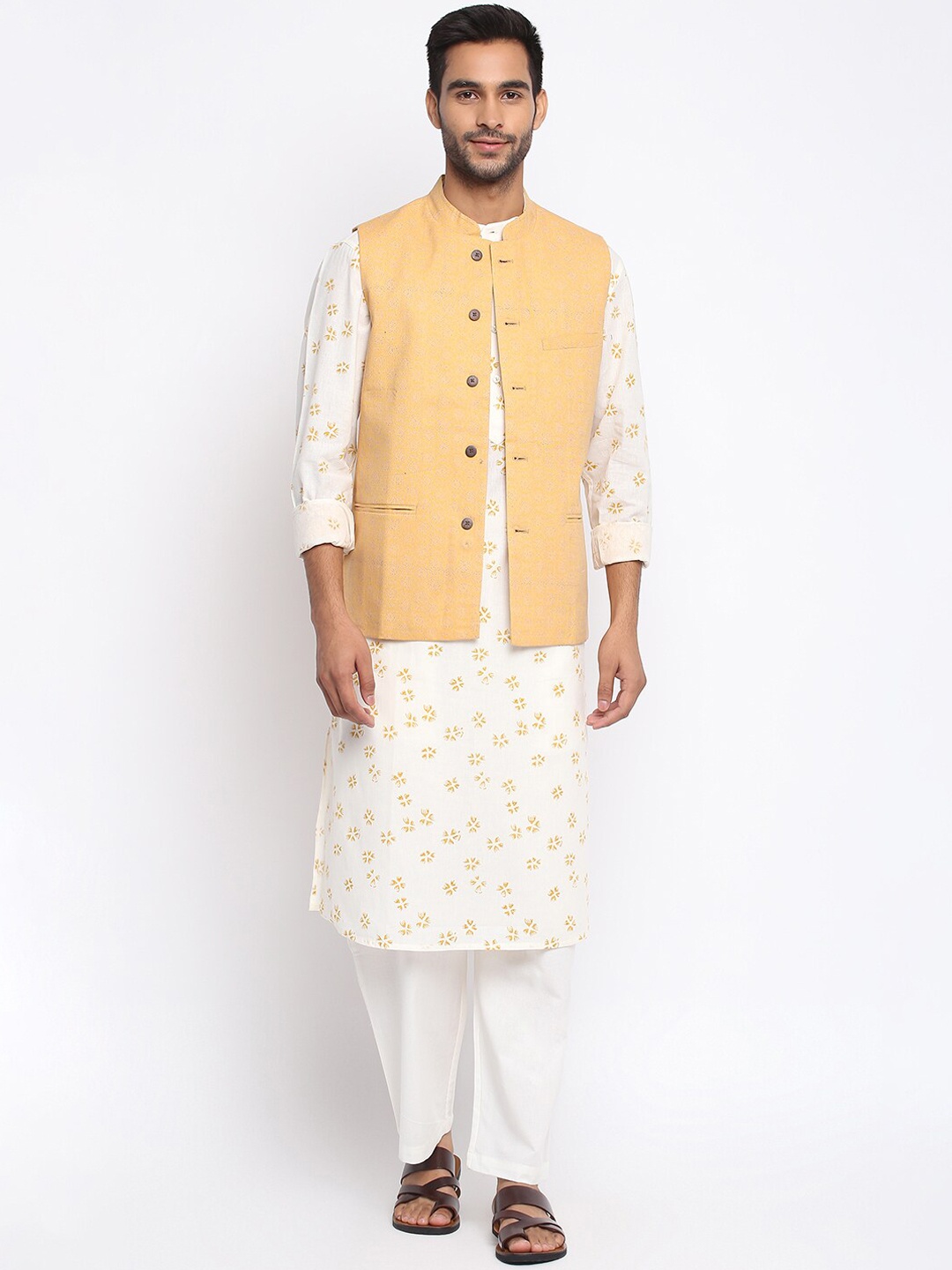 

Fabindia Men Yellow & Grey Floral Printed Pure Cotton Woven Nehru Jacket
