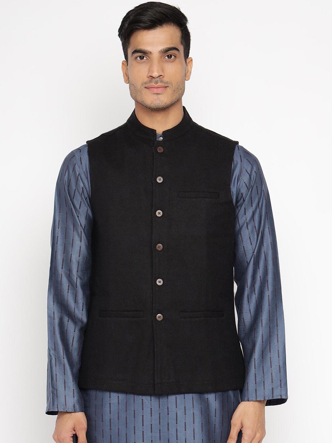 

Fabindia Men Black Woven Nehru Jacket