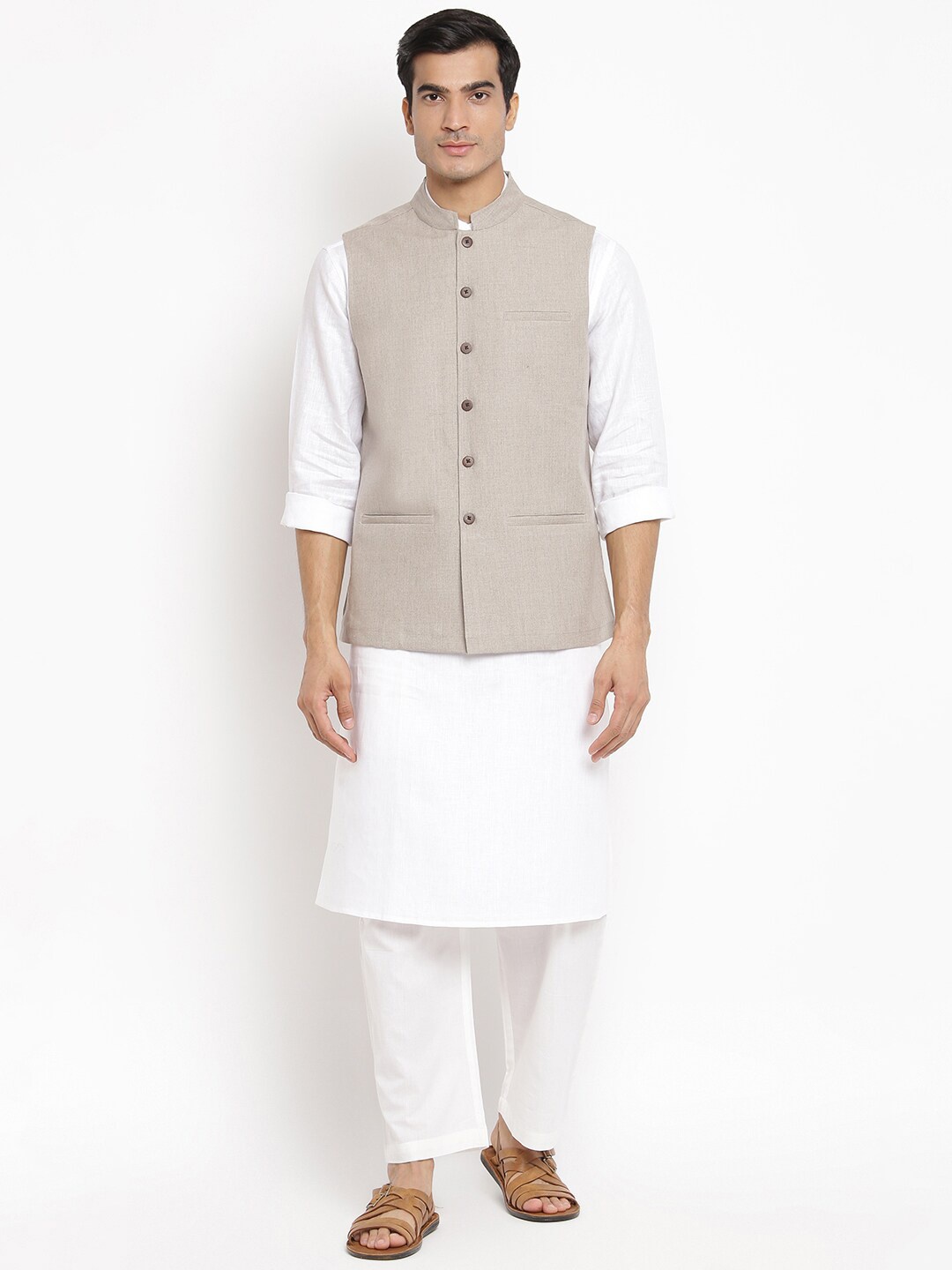 

Fabindia Men Beige Woven Design Nehru Jacket