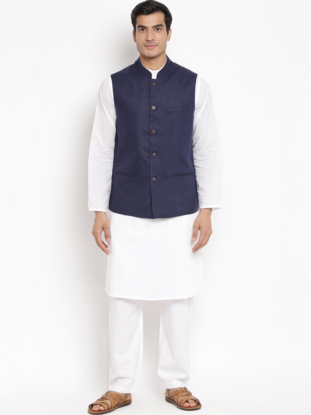 

Fabindia Men Blue Slim Fit Linen Nehru Jacket
