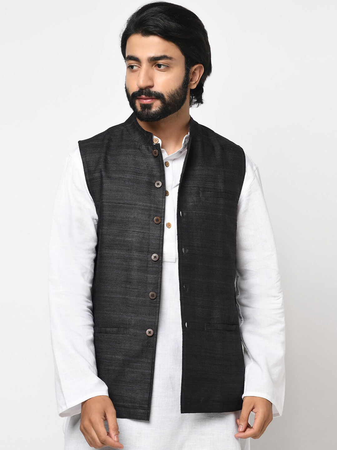 

Fabindia Men Black Slim Fit Pure Silk Nehru Jacket