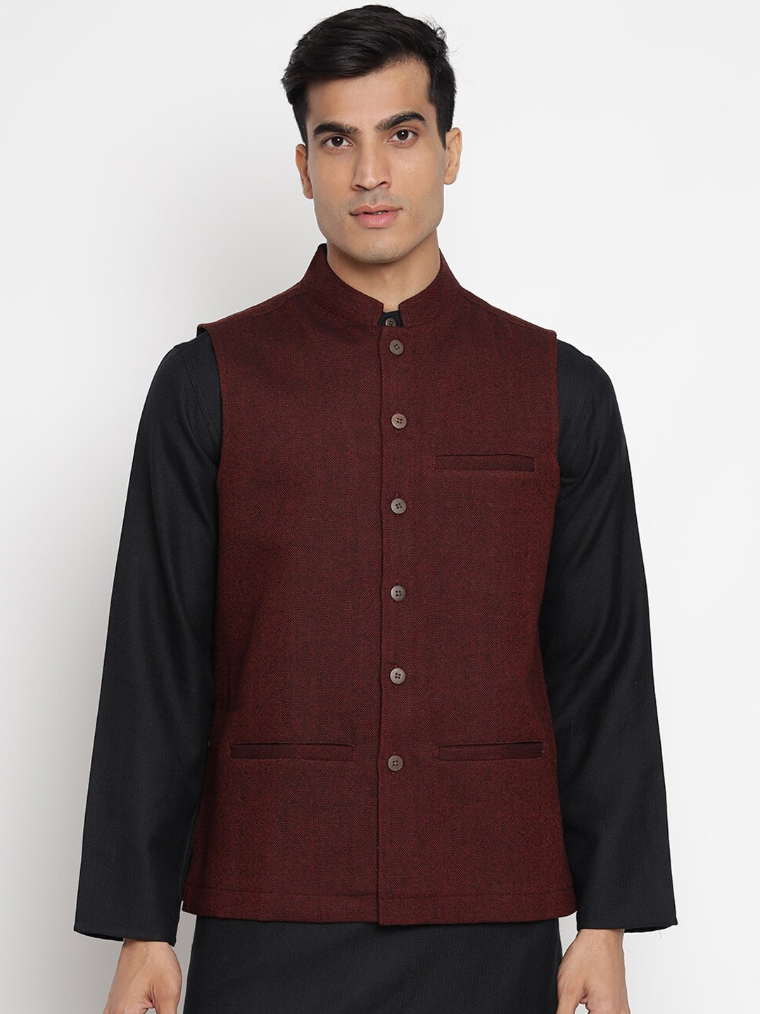 

Fabindia Men Maroon Slim Fit Solid Pure Wool Nehru Jacket