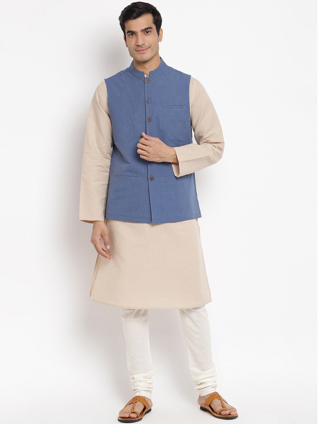 

Fabindia Men Blue Slim Fit Solid Pure Cotton Nehru Jacket