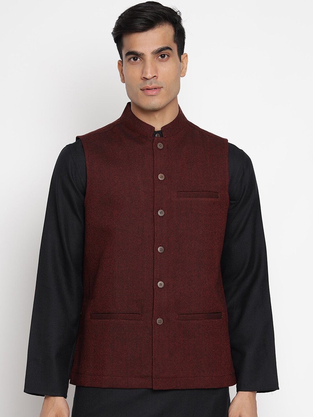 

Fabindia Men Maroon Solid Pure Wool Woven Nehru Jacket