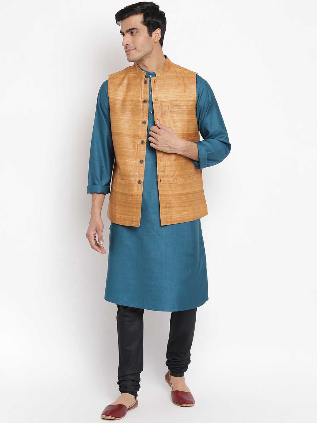 

Fabindia Men Yellow Slim Fit Pure Silk Nehru Jacket