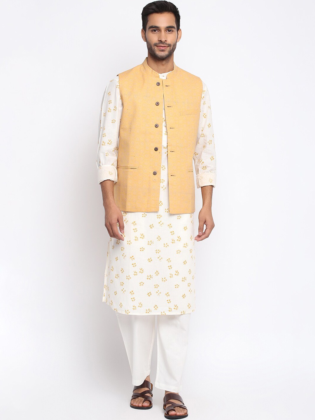 

Fabindia Men Yellow Slim Fit Solid Pure Cotton Nehru Jacket