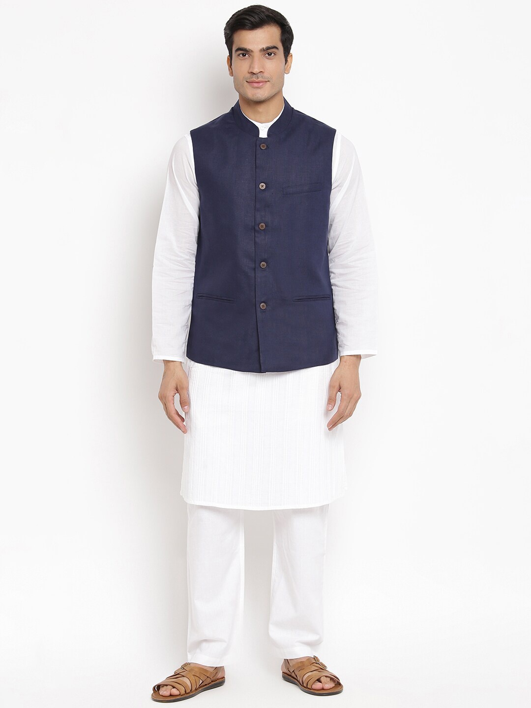 

Fabindia Men Blue Solid Woven Linen Nehru Jacket