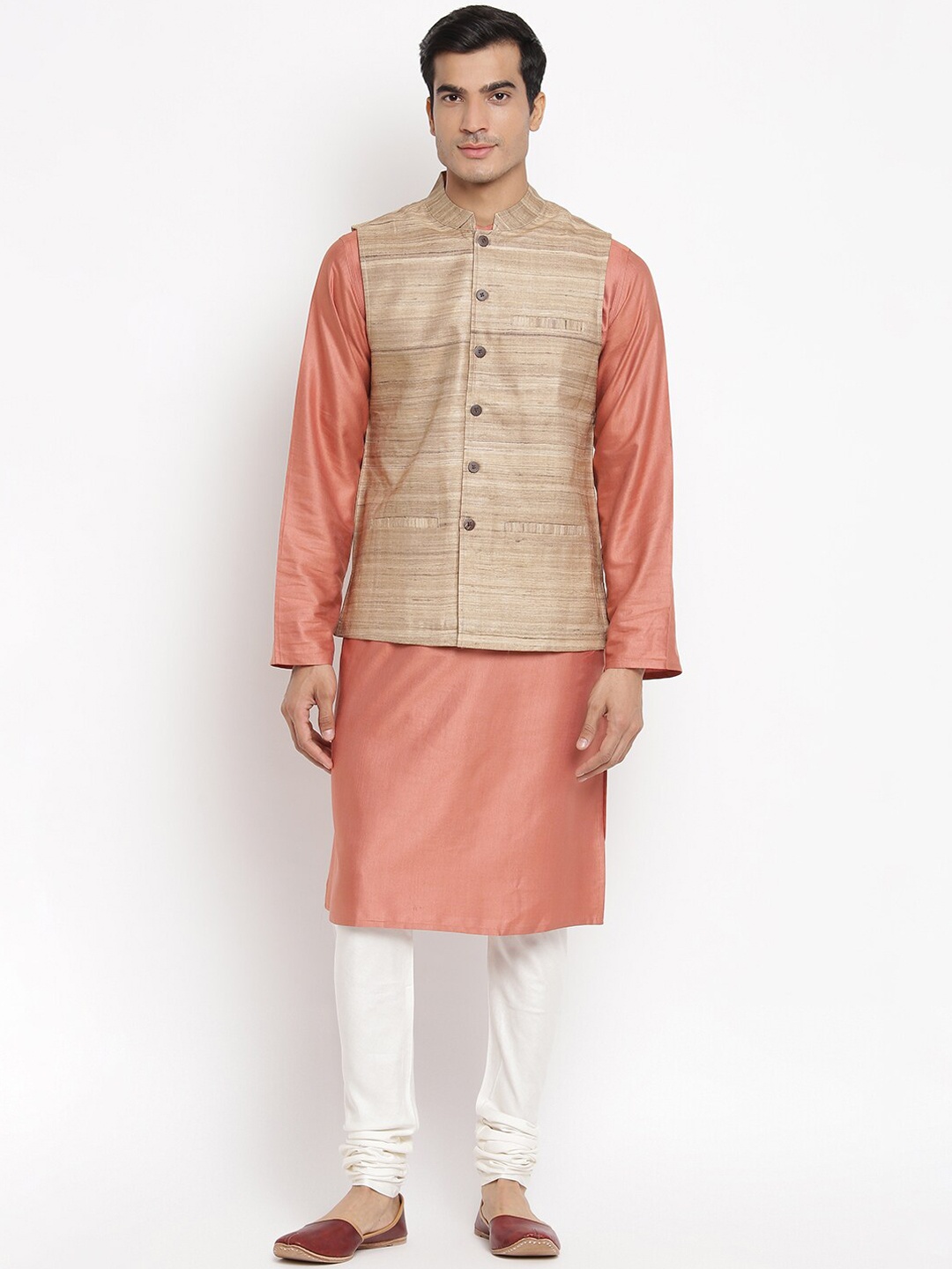 

Fabindia Men Beige Woven Design Pure Silk Nehru Jacket