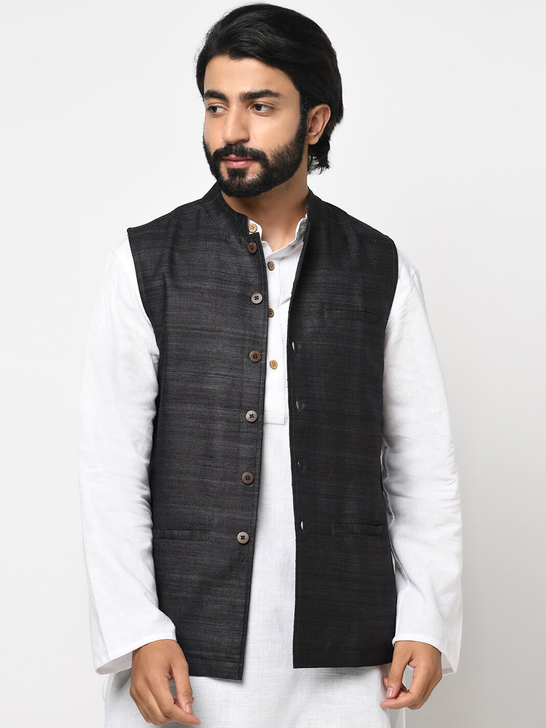

Fabindia Men Black Self-Design Pure Silk Woven Nehru Jacket