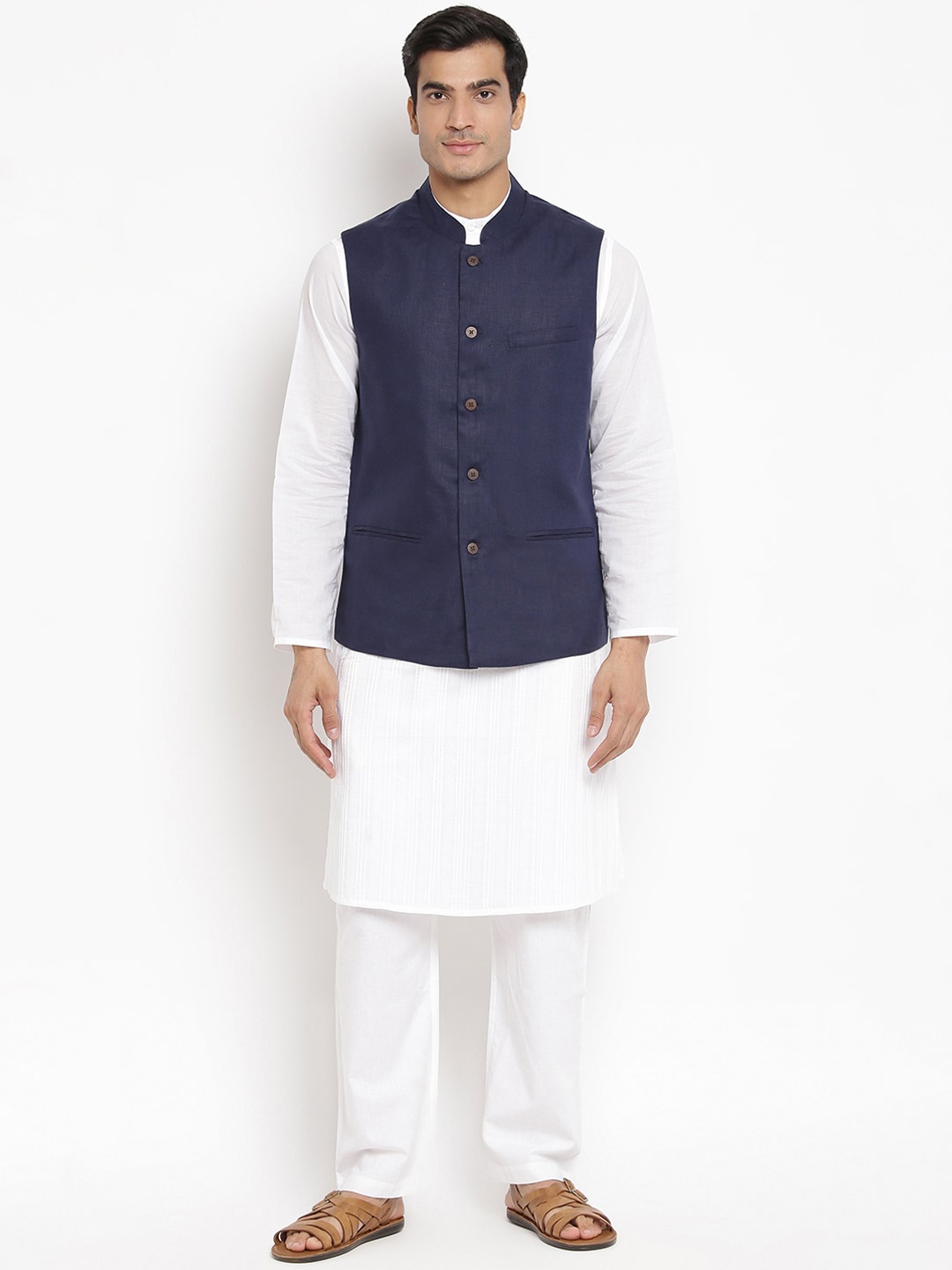 

Fabindia Men Navy Blue Solid Linen Nehru Jacket