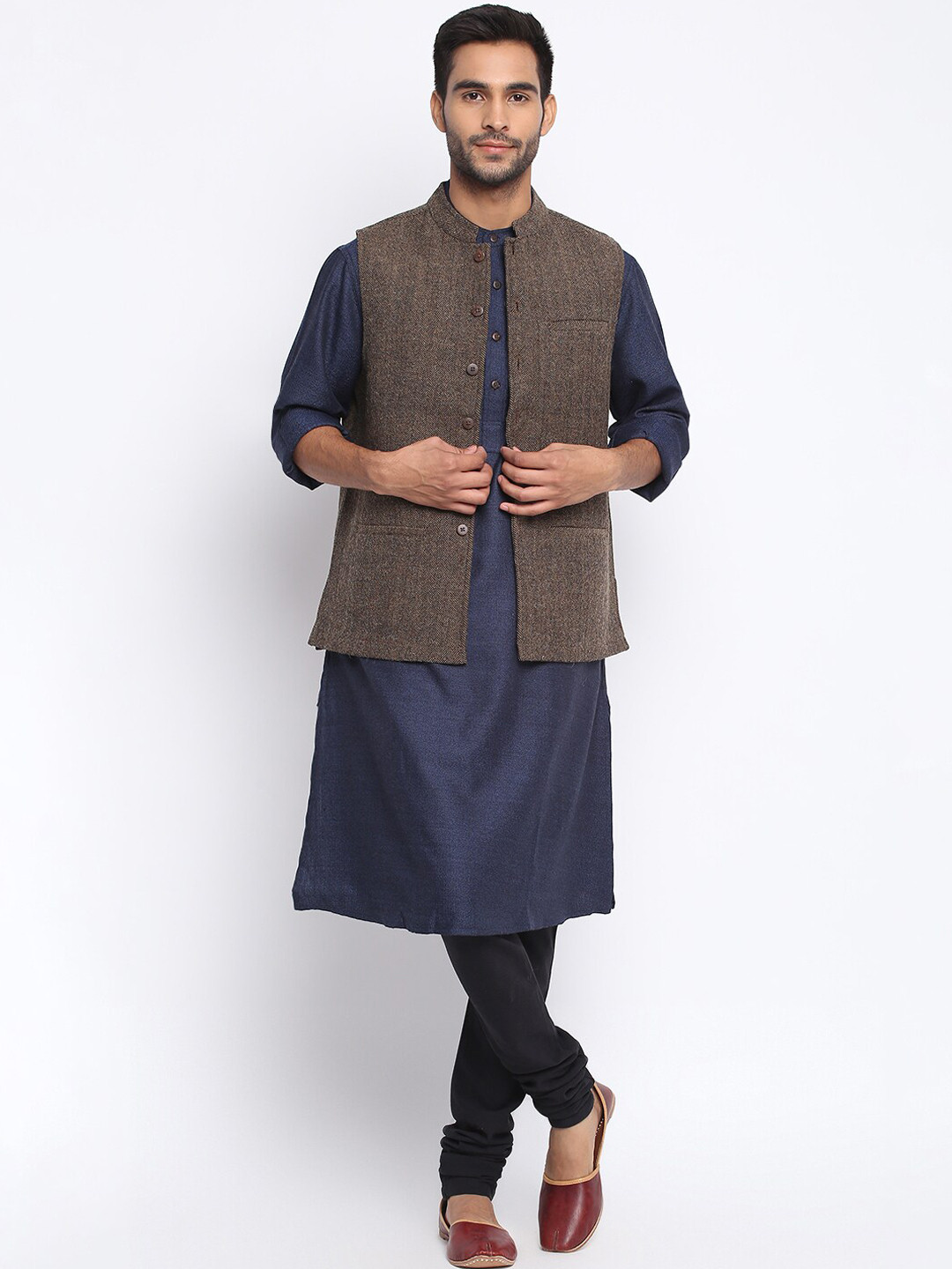 

Fabindia Men Brown Solid Pure Wool Woven Nehru Jacket