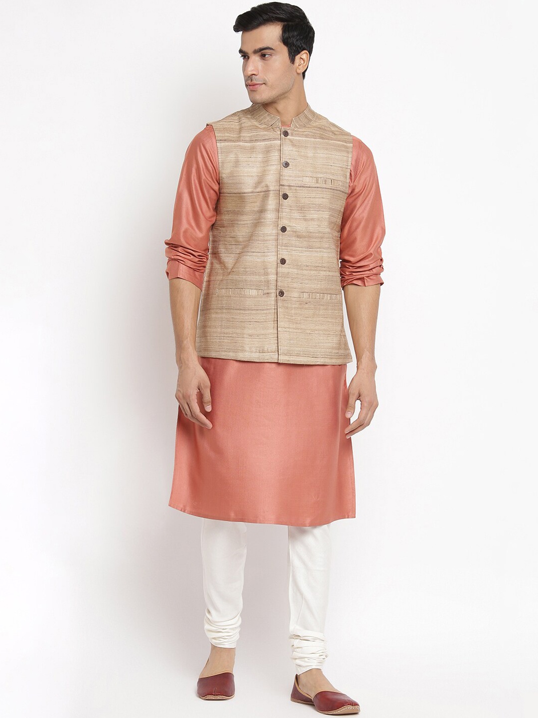 

Fabindia Men Beige Solid Pure Silk Woven Nehru Jacket