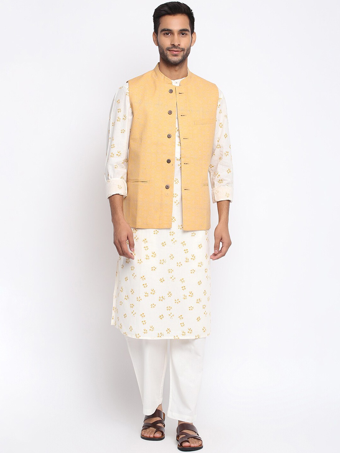 

Fabindia Men Yellow Solid Pure Cotton Woven Nehru Jacket