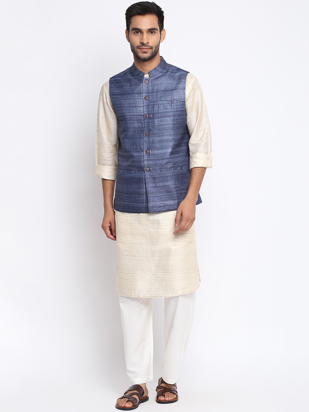 

Fabindia Men Blue Solid Pure Silk Woven Nehru Jacket