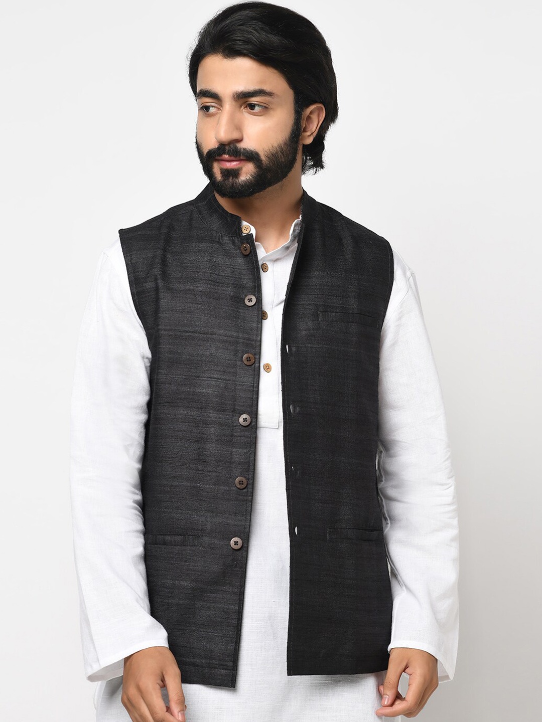 

Fabindia Men Black Solid Pure Silk Woven Nehru Jacket