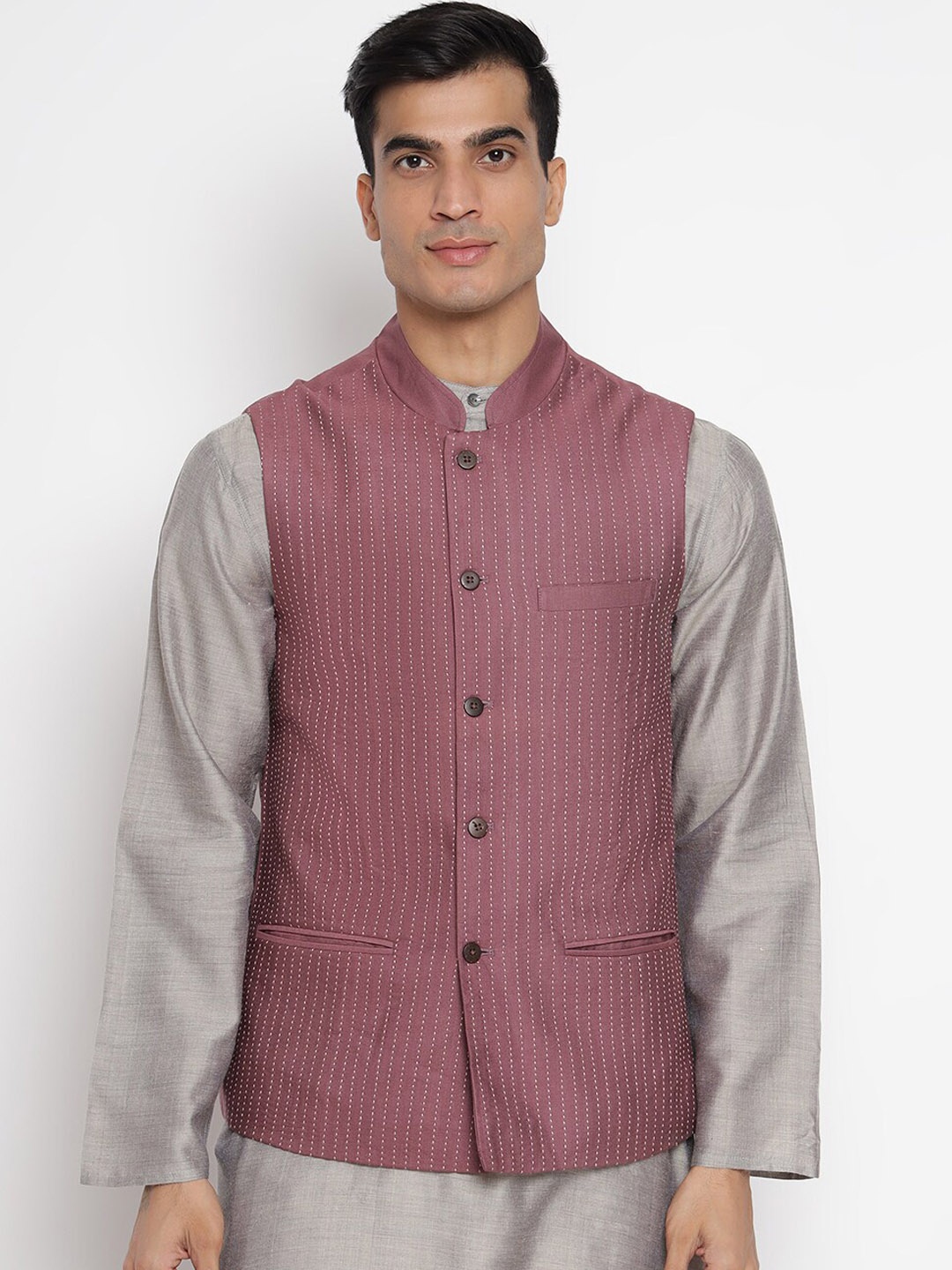 

Fabindia Men Burgundy & White Striped Woven Nehru Jacket