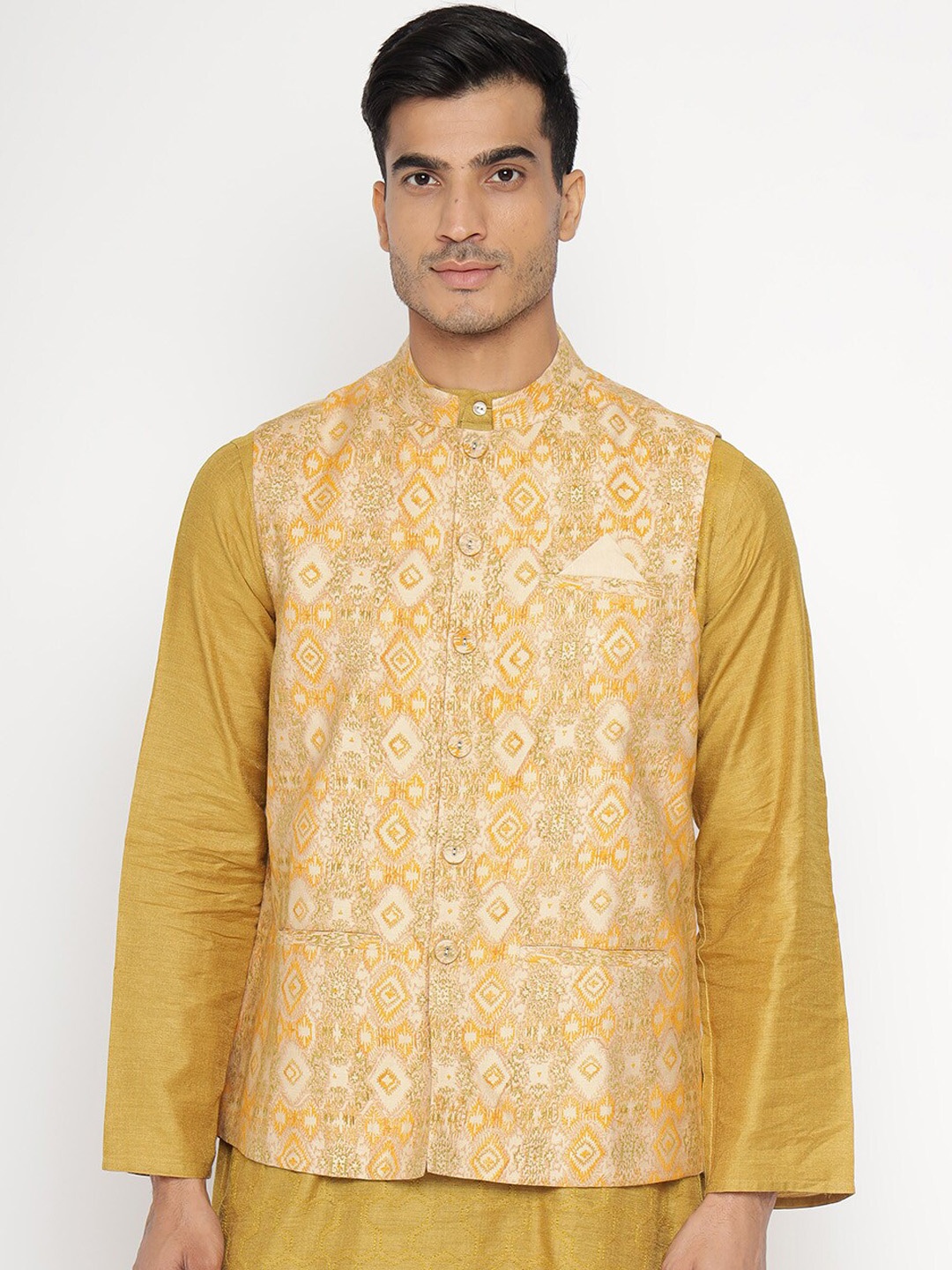 

Fabindia Men Yellow & Beige Printed Woven Nehru Jacket