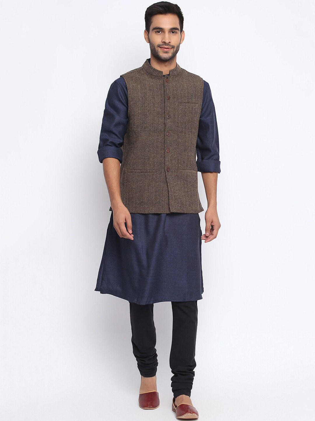 

Fabindia Men Brown Solid Pure Wool Woven Nehru Jacket