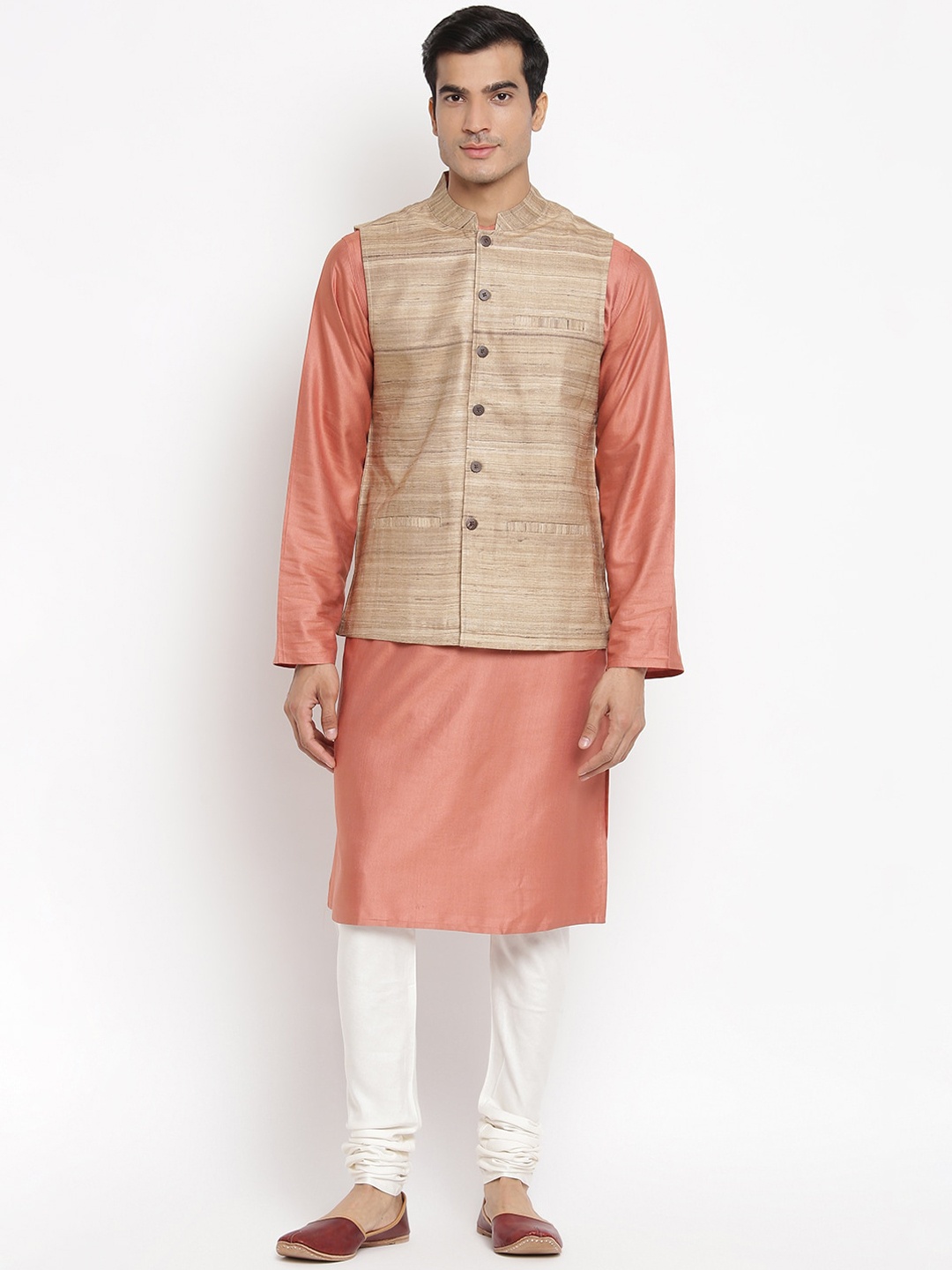 

Fabindia Men Beige & Brown Self-Design Pure Silk Woven Nehru Jacket